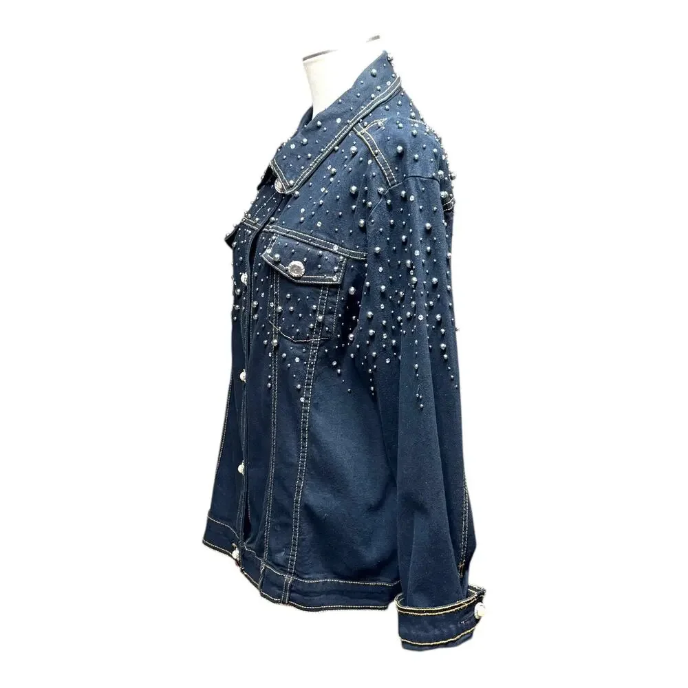 The Quacker Factory Rhinestone Pearl Studded Denim Jean Jacket Blue Large